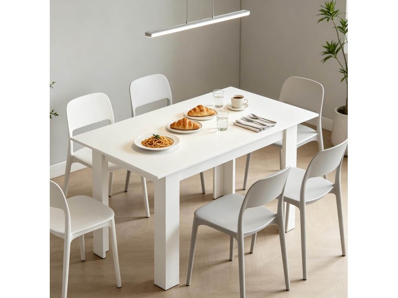 Table à manger extensible blanche avec rails en acier, plateau mdf mélaminé, 6 à 8 places - Conforama B