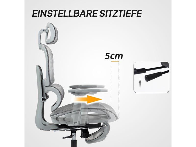  Chaise de bureau ergonomique avec repose-pieds, dossier inclinable et soutien lombaire, en polyester gris  - Conforama E