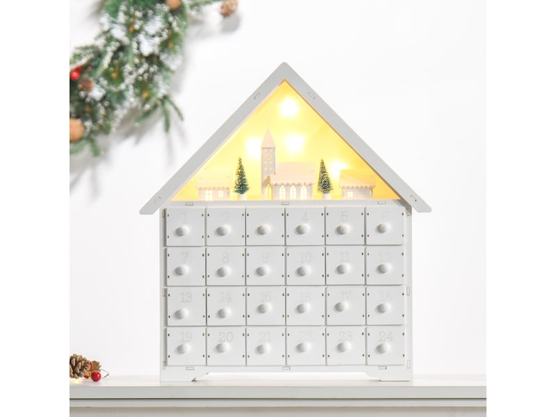  Calendrier de l'avent en bois avec 24 tiroirs et lumières led, décoration de noël, modèle maison, 39 x 9 x 42 cm, blanc  - Conforama D