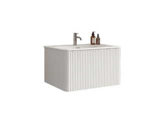 Meuble vasque suspendu 80 cm avec vasque en surface solide - 2 tiroirs push open façade rainurée