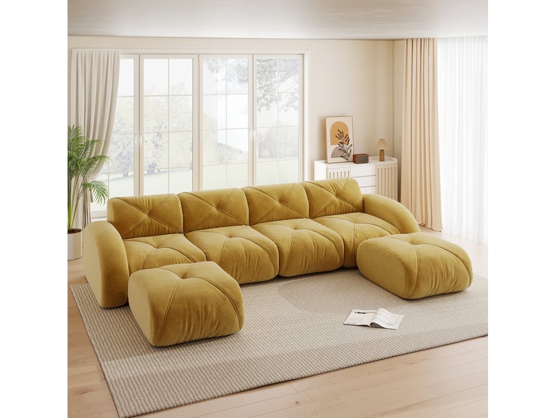  Canapé modulable en u 358x171x76 cm 4 places, sans montage, généreuse, assise, 2 poufs, avec, revêtement en chenille, jaune  - Conforama B