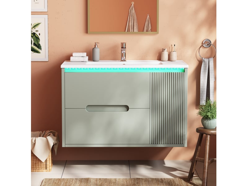  Meuble sous lavabo mural 81 cm vert avec vasque en céramique, led pilotée par application et rangement intégré  - Conforama E