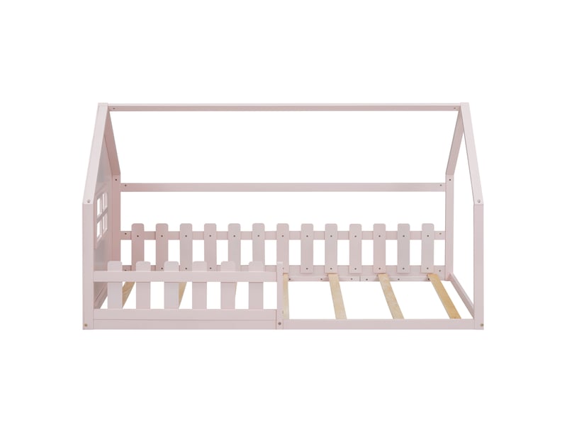 Lit enfant rose 90x200 cm style maison, cadre décoratif en bois - Conforama A
