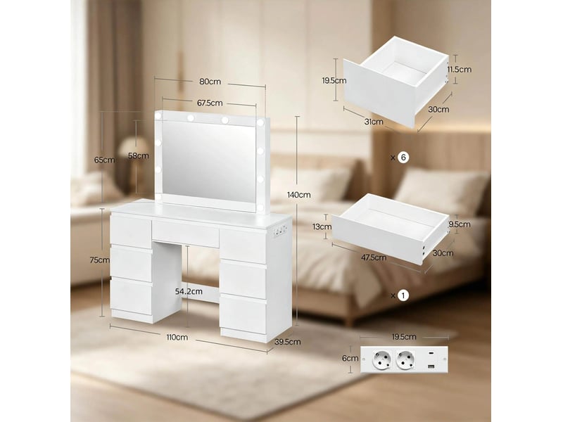  Coiffeuse avec miroir led 110x39,5x140,5 cm blanche, bois d'ingénierie et verre, 7 tiroirs et prises  - Conforama C