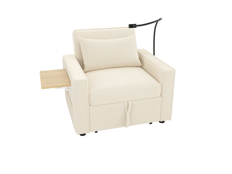  Fauteuil-lit convertible 1 place pliable en velours côtelé beige, avec usb et support pour téléphone  - Conforama A