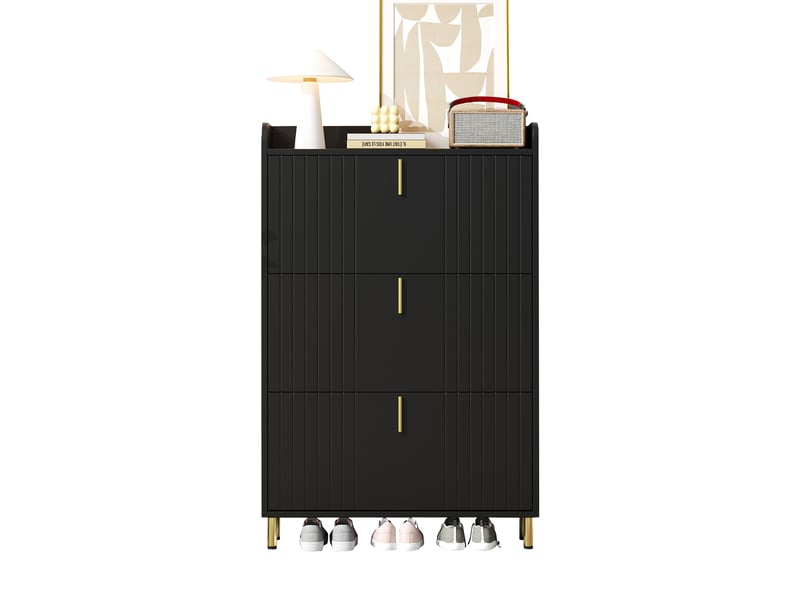  Meuble à chaussures avec 3 portes abattantes et étagères réglables, pour entrée, en mdf, 80×23×125 cm, noir - uvrion  - Conforama A
