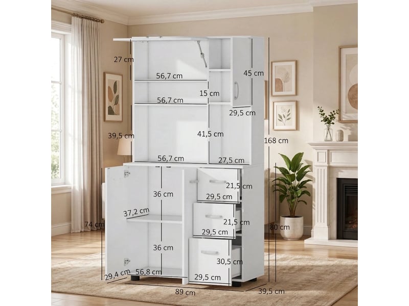  Buffet de cuisine blanc 168 cm avec portes et tiroirs, meuble de rangement en bois  - Conforama C
