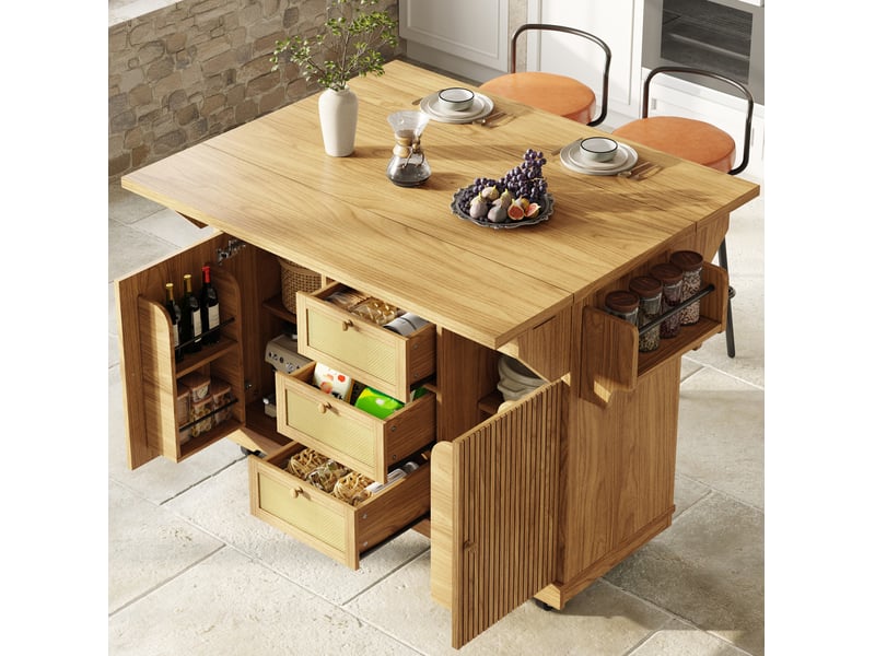  Desserte cuisine pliable 142,5x80x95 cm, îlot roulant, rangements, tiroirs, roulettes, mdf, métal et rotin pe, naturel  - Conforama D