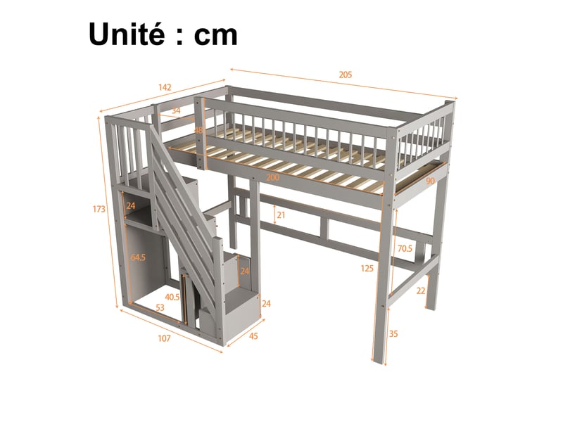  Lit mezzanine en bois, lit simple avec escalier à rangements et garde-corps, 90x200 cm, sans matelas, naturel  - Conforama D