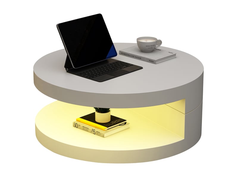  Table basse ronde 70 x 70 x 35,5 cm pivotante à led, mdf blanc, 2 niveaux  - Conforama A