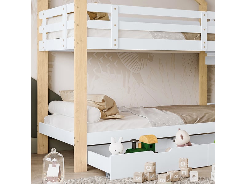  Lit superposé enfant, lit 2 places avec toboggan, échelle, 2 tiroirs et barrières, 200x90 cm, sans matelas  - Conforama E