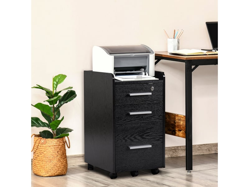  Caisson de bureau rangement bureau sur roulettes 3 tiroirs 1 verrouillable 1 dossiers trieur en bois noir  - Conforama D