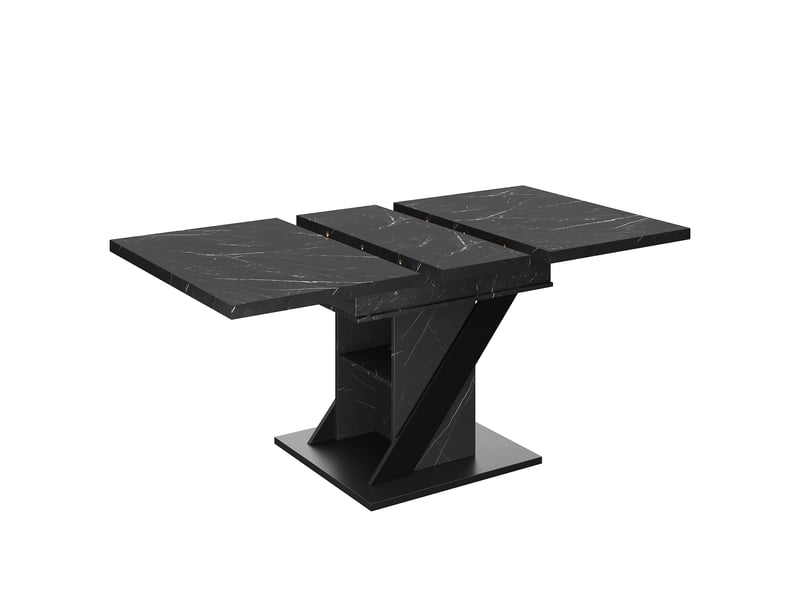  Table de repas extensible 110-140x80x75 cm, gain de place, plateau motif marbre en mdf, pieds métal, noir  - Conforama R