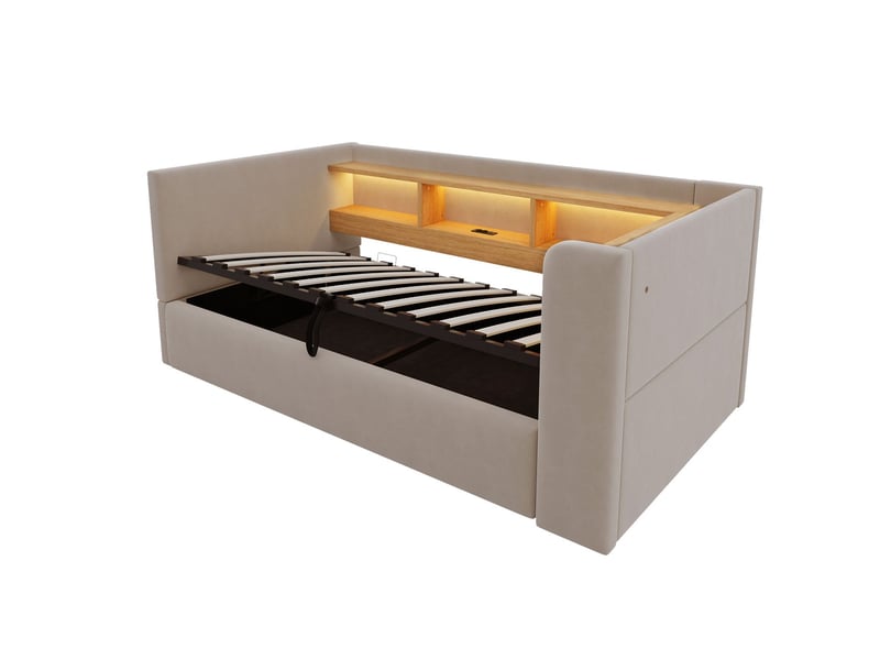  Lit rangement 90 x 190 cm lit simple rembourré éclairage led nombreux compartiments de rangement mécanisme hydraulique prises intégrées fonction canapé-lit multifonction gris foncé  - Conforama A