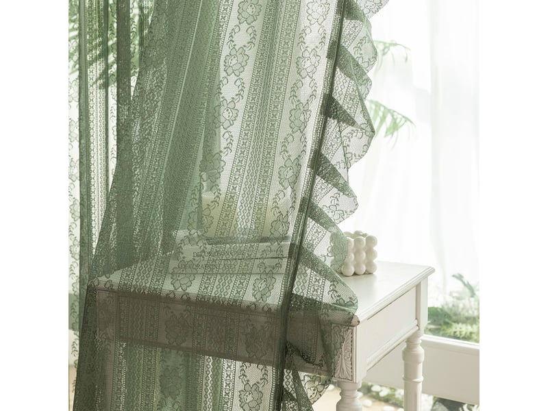  Rideau voilage bohème en dentelle 150 × 175 cm, ourlet volanté, finition à volants, poche passe-tringle, rideau décoratif pour chambre et cuisine  - Conforama A