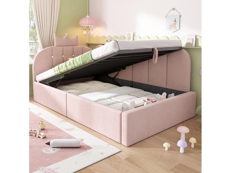  Lit coffre banquette 90x190 cm avec levage hydraulique, velours rose  - Conforama D
