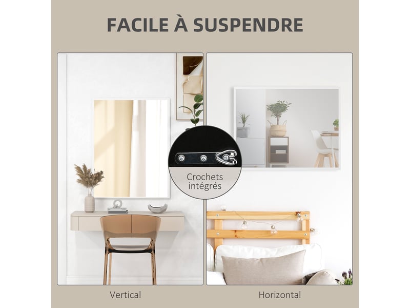  Miroir mural rectangulaire 90 x 70 cm, cadre en bois blanc, salon ou chambre, idéal pour la salle de bain  - Conforama E