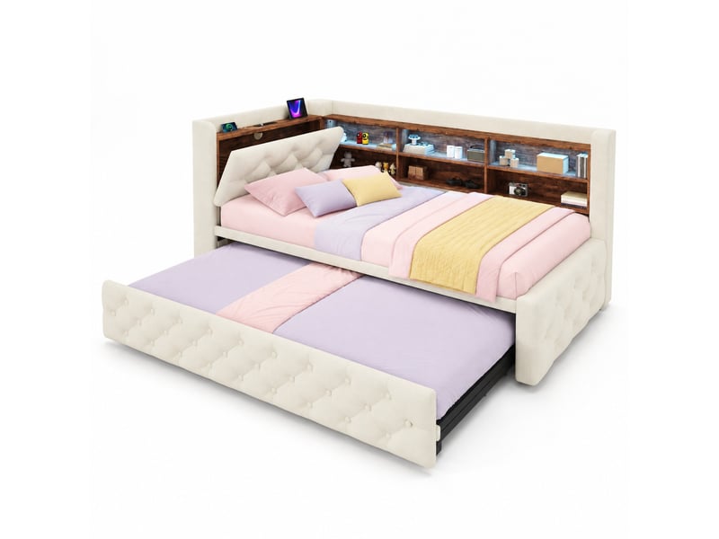  Banquette-lit extensible, 90x190 cm, avec rangement, led, usb et type c, matelas non inclus, velours, coloris beige  - Conforama A