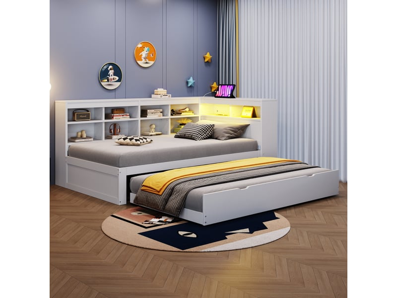  Lit banquette enfant 90 x 200 cm avec lit gigogne 90 x 190 cm, led, usb et rangements, bois, blanc Fay Lum - Conforama E