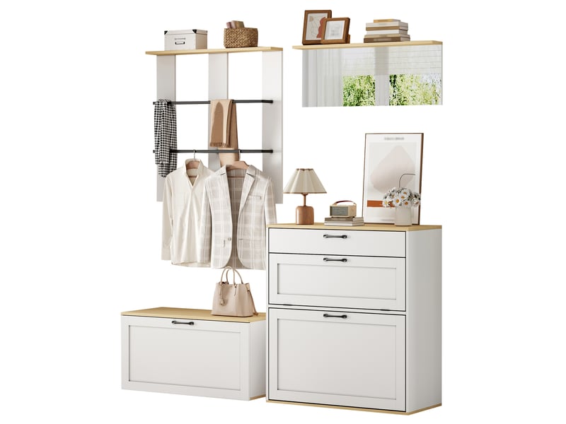  Ensemble vestiaire modulable 156x36x176 cm, meuble à chaussures, miroir, tringles, mdf, blanc et bois naturel  - Conforama A