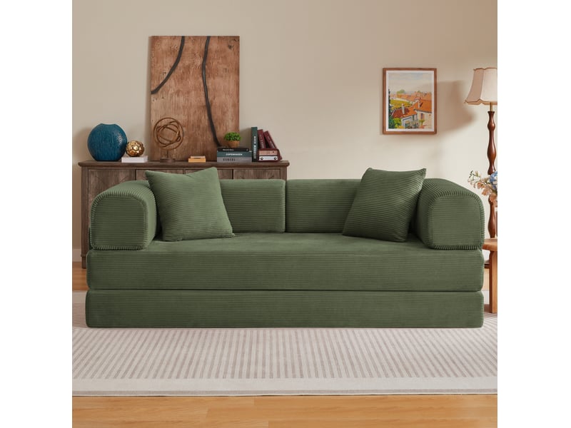 Canapé convertible 3 places 204x97x65 cm, assise 35 cm, 2 coussins, mousse, velours côtelé et acier, vert - Conforama D