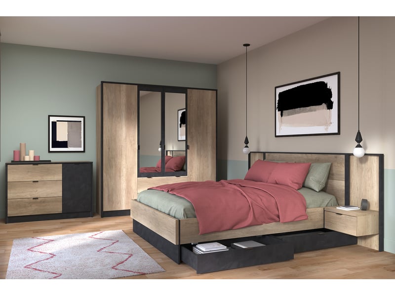 Armoire 4 Portes Avec Miroirs - Dimensions 159.9x185x51.7 Cm - Décor Chêne Et Noir - Panneau De Particules