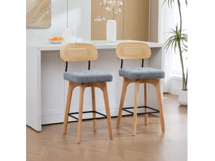 Lot de 2 tabourets de bar 44x51x96 cm gris en chenille, dossier en rotin et assise pivotante 360 degrés