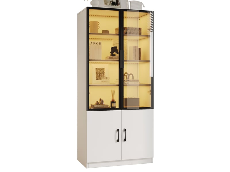  Vitrine 60 x 40 x 160 cm blanche, verre gris fumé, led multicolore pilotable par application et rangement fermé  - Conforama A