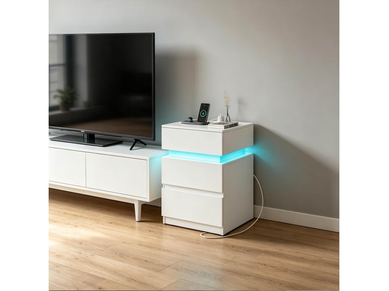  Tables de chevet lot de 2 avec led, 2 tiroirs et prises usb pour chambre, blanc, 40 × 35 × 55 cm  - Conforama C