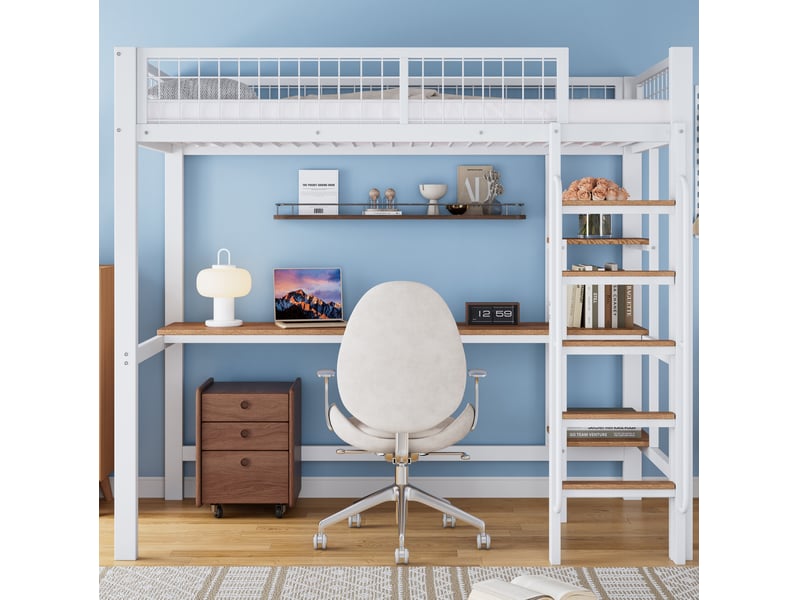  Lit superposé 90x200 cm avec bureau et étagères, métal, blanc et naturel pour enfant  - Conforama E