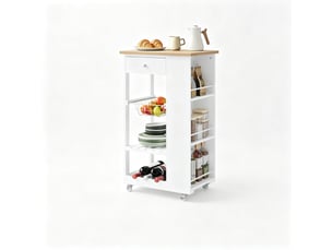 Desserte de cuisine à roulettes en bambou et mdf, chariot de service polyvalent avec tiroir, casier à vin et étagères, blanc