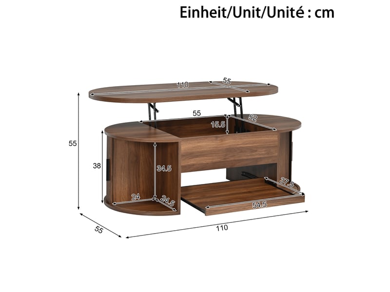 Table basse avec fonction de levage, table de salon avec espace de rangement dissimulé, console moderne avec structure rainurée, portes latérales coulissantes et espace de rangement pratique, table basse multifonctionnelle - Conforama C