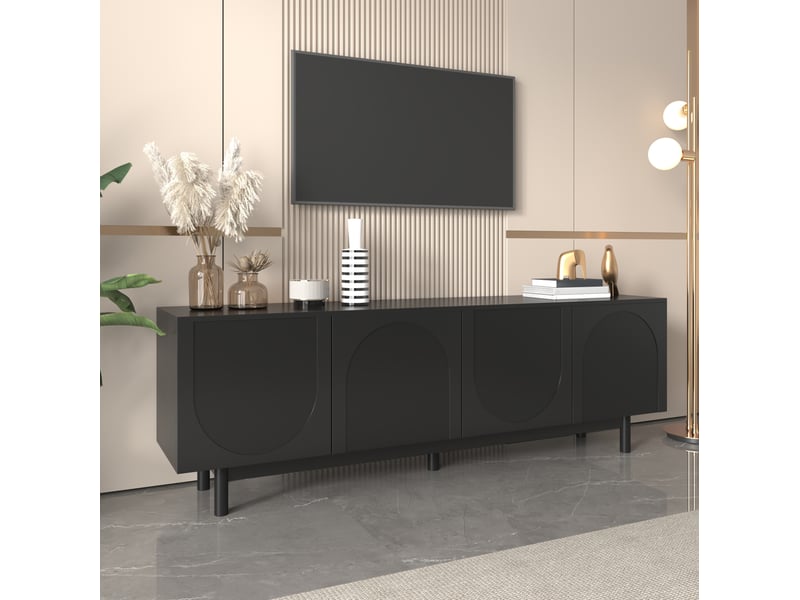  Meuble tv noir 175 x 38 x 56 cm, 4 portes push-to-open et étagères réglables  - Conforama D