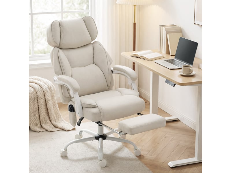 Fauteuil de bureau à dossier haut avec fonction massage vibrant et chauffage, ergonomique, inclinable, avec repose-pieds, blanc crème - Conforama C