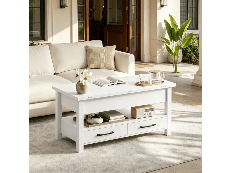 Table basse relevable, avec 2 tiroirs, niche ouverte et plateau extensible, pour salon, metal et panneaux, blanc - Conforama D