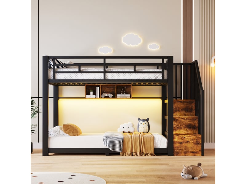  Lit superposé 90 x 200 cm, bandes led, 3 compartiments de rangement, escalier avec rangement, garde-corps, structure en métal, noir Seren Glow - Conforama D