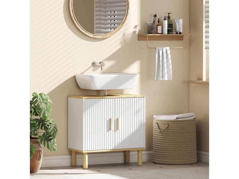  Meuble sous-évier avec étagère réglable, sans colonne, portes rainurées, 60 x 30 x 61 cm, blanc  - Conforama C