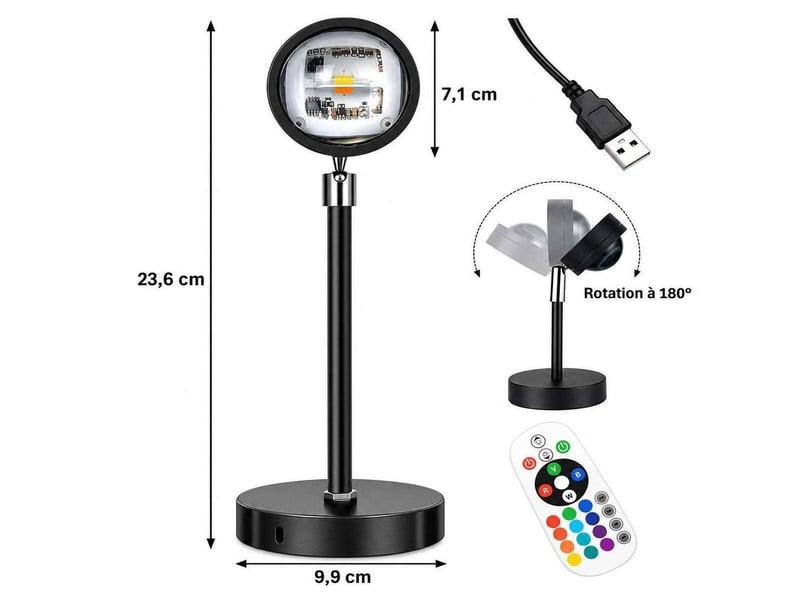  Lampe coucher de soleil led rgb 16 couleurs 180° – 2 télécommandes incluses  - Conforama D