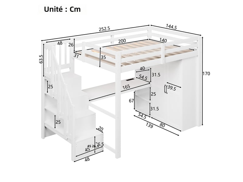  Lit superposé 140x200 cm avec bureau étagère armoire escalier rangement usb led blanc mdf pin  - Conforama C