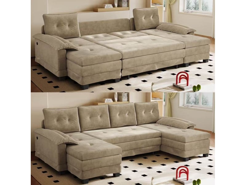 Canapé-lit convertible modulable en u 4 places en chenille camel avec ports usb - 278 x 127 x 87 cm - Conforama B