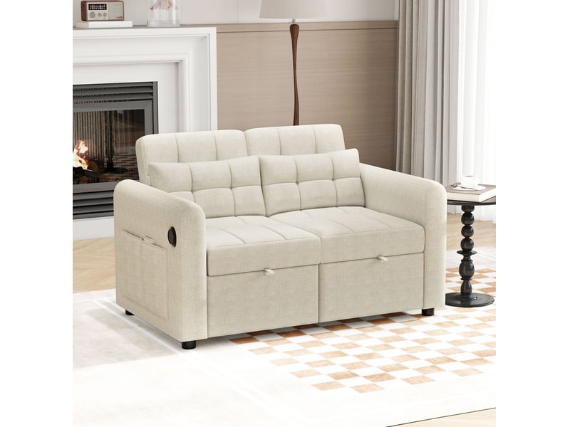  Canapé-lit convertible modenvie 3-en-1 2 places 142 x 85 x 83 cm beige avec usb et poches latérales  - Conforama E