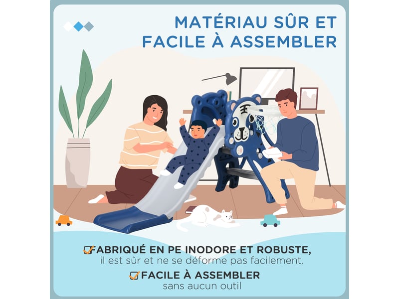 Toboggan pour enfants, toboggan intérieur pour enfants, avec panier de basket, thème tigre, de 18 à 36 mois, bleu  - Conforama W