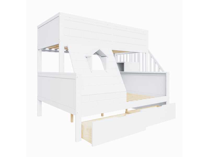 Lit superposé enfant 90x200 cm et 140x200 cm avec escalier de rangement blanc - Conforama A
