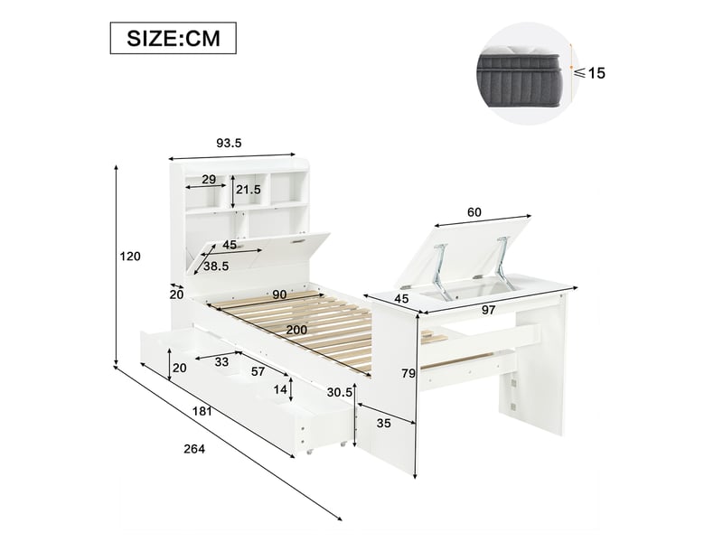  Lit simple enfant 90x200 cm – blanc – tiroir réversible et table pliante 12 positions – sans matelas  - Conforama C
