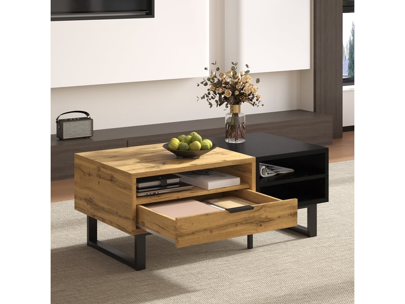  Table basse contemporaine colorblock 100 x 50 x 40 cm, tiroirs et rangements, pieds métal, salon moderne  - Conforama D