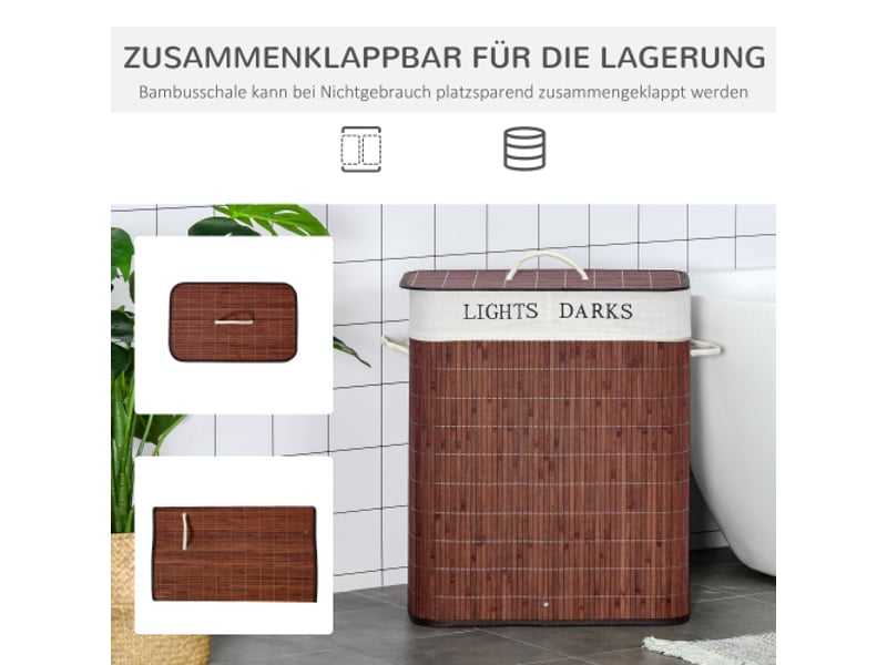  Panier à linge en bambou marron et blanc, 100 l, 52 x 32 x 63 cm, 3 poignées et sac en coton amovible lavable  - Conforama C