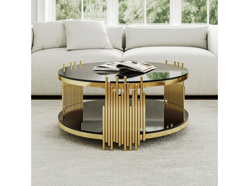  Table basse moderne en verre noir, table de salon luxueuse avec double plateau en verre, table basse ronde avec piètement en acier doré, table d'appoint avec plateau rond en verre, table centrale pour salonmaisonbureau  - Conforama W