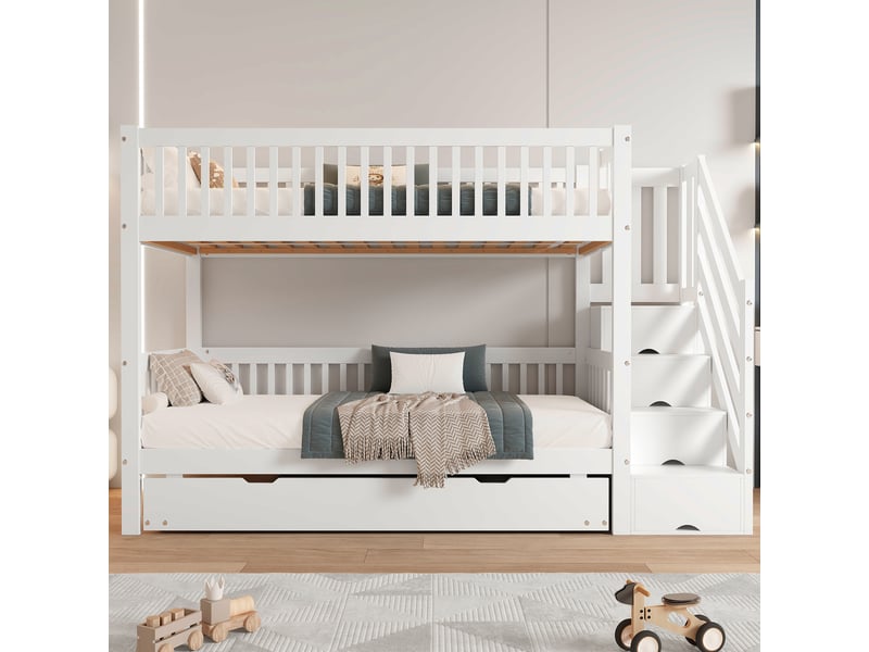  Lit superposé 90x200cm avec lit gigogne 90x190cm, 3 couchages, escalier de rangement et garde-corps, structure bois blanc naturel, pour chambre enfant  - Conforama B