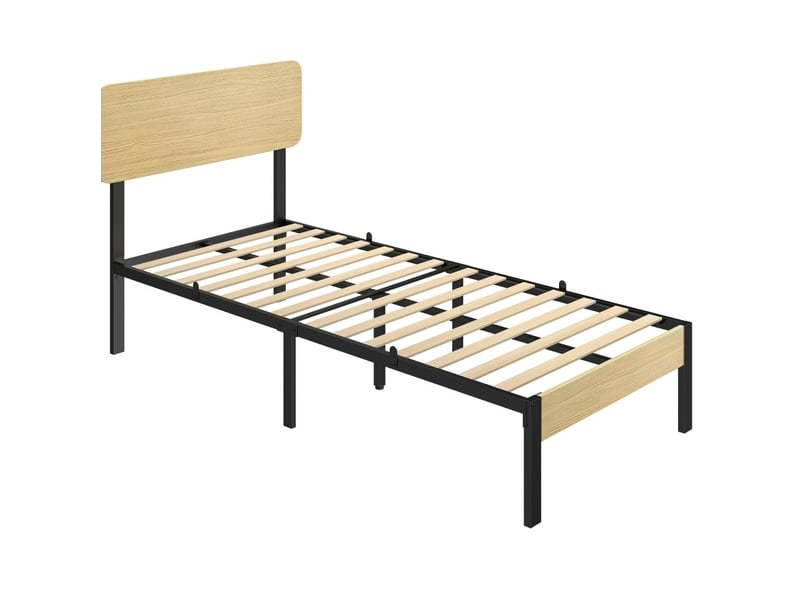  Lit cadre 90x200 cm avec tête de lit, sommier à lattes, espace sous lit de 31,5 cm, métal et bois naturel, sans matelas  - Conforama A
