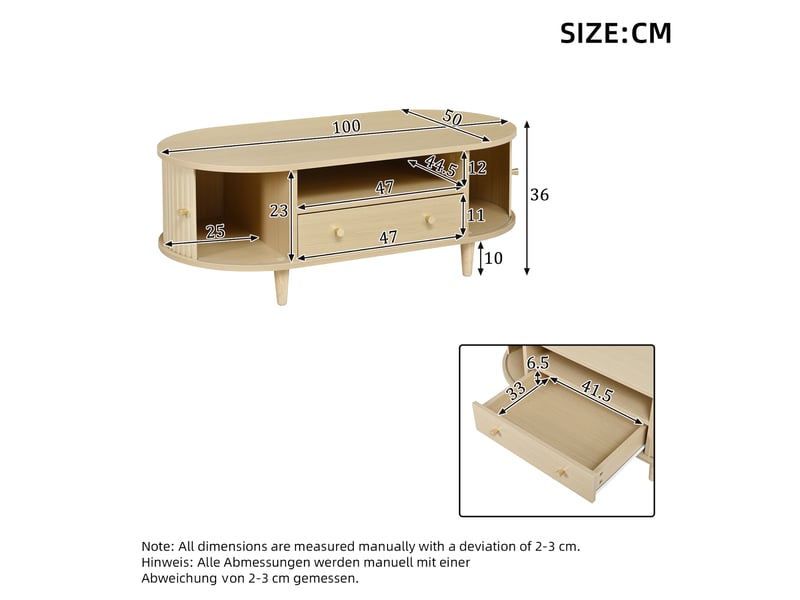 Table basse fixe avec tiroir, couleur bois, 100 x 50 x 36 cm, 1 tiroir, porte coulissante et rangement ouvert - Conforama C
